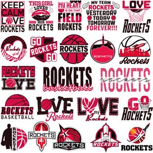 May include: A collection of twenty-five graphic designs featuring basketball and rocket themes in shades of pink, black, and white. The designs include various typography, basketballs, hearts, rocket ships, and sports slogans like Rockets, Love, and Go.
