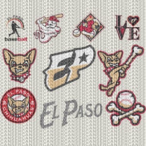 Puede incluir: Una colección de gráficos con temática de béisbol, que incluyen una silueta de jugador de béisbol, una mascota chihuahua y el texto "El Paso". Los diseños presentan colores rojo, negro y beige, con algunos diseños que incorporan pelotas y bates de béisbol.