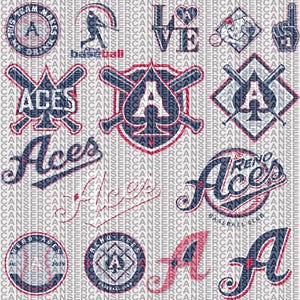 May include: A collection of baseball-themed graphics in navy blue, red, and white. Designs include the word "ACES", baseball bats, a baseball player silhouette, and the word "LOVE" with a heart. The background is a repeating pattern of the word "CANSER".