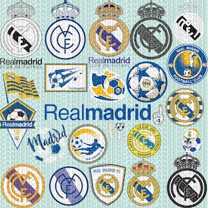 Puede incluir: Una colección de logotipos y emblemas del Real Madrid en varios diseños. Incluye el escudo del equipo, balones de fútbol y texto que dice "Real Madrid" y "Real Madrid FC". La combinación de colores presenta blanco, azul, dorado y negro.