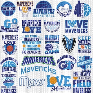 Könnte beinhalten: Eine Sammlung von bunten digitalen Designs mit dem Dallas Mavericks-Logo und verschiedenen Sätzen rund um das Team, darunter "Mavs Love", "Go Mavs", "Keep Calm Love Mavs" und "My Team Mavs Yesterday Today Tomorrow Forever!"