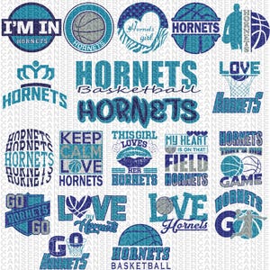 Könnte beinhalten: Eine Sammlung von Basketball-Grafiken der Hornets in Türkis und Marineblau. Designs beinhalten Texte wie "I'm In", "Hornets Girl" und "Love Hornets". Basketballkörbe, Herzen und ein Basketballkorb sind ebenfalls abgebildet.