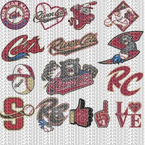 May include: A collection of Sacramento River Cats baseball team logos and designs. The images feature the team name, baseballs, and a cat mascot in various poses. Colors include red, black, and white.
