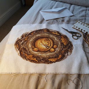 May include: A cross-stitch project on white Aida fabric featuring a detailed brown and gold illustration of a small creature curled inside a bird's nest with eggs. Beside the fabric are metal embroidery scissors and a cardboard thread organizer.