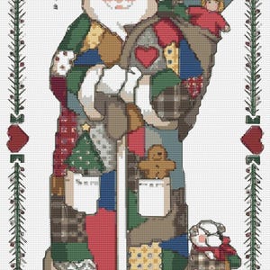 May include: A cross-stitch pattern featuring Santa Claus in a patchwork coat carrying a sack of toys, including a doll and a teddy bear. The design is framed by a border of pine branches and hearts, with a compass rose icon in the upper left corner.