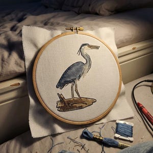 May include: A circular wooden embroidery hoop containing white Aida fabric with a cross-stitch design of a blue and grey heron standing on a brown log. The bird is depicted in profile with detailed stitching in shades of blue, grey, and tan.