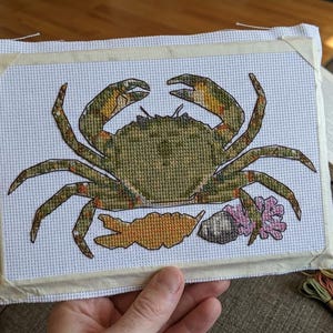 May include: A cross-stitch embroidery project on white Aida fabric featuring a detailed green crab centered above a small orange leaf, a grey stone, and a cluster of pink coral. The fabric edges are secured with masking tape on a rectangular frame.