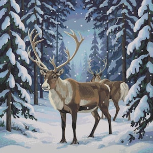 Reindeer Cross Stitch Pattern | Winter Forest Wildlife Snow Scene PDF | Large Counted | Instant Download