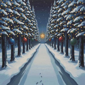 May include: A painting of a snow-covered path lined with two rows of evergreen trees at night. The trees are decorated with glowing yellow lights and hanging red, blue, and green ornaments. A bright, five-pointed yellow star glows in the distance.