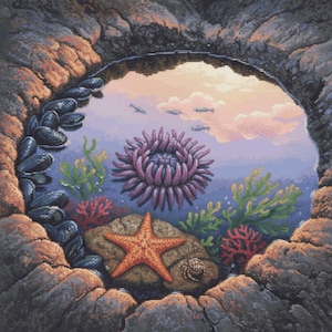 Rockpool-kruissteekpatroon | Levendige kustzonsopgang | PDF gemiddeld zeegezicht