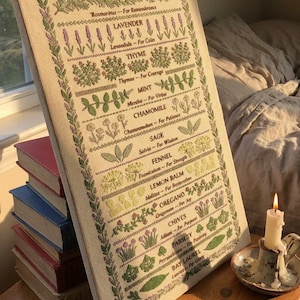 Puede incluir: Un lienzo rectangular con un muestrario de bordado botánico detallado. Muestra filas de hierbas que incluyen romero, lavanda, tomillo, menta, manzanilla, salvia, hinojo, toronjil, orégano, cebollino, perejil y laurel junto con sus nombres.
