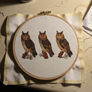 May include: A circular wooden embroidery hoop containing a white fabric square with a cross-stitch pattern of three identical brown and orange owls perched on branches. The owls are arranged horizontally across the center of the fabric.
