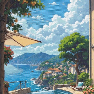 Infinity Pool Coastal Terrace Cross Stitch Pattern