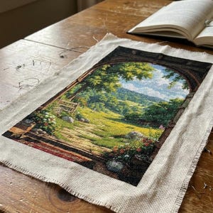 Arched Doorway Valley Cross Stitch Pattern — Spring 2026 Pastoral Chart — PDF
