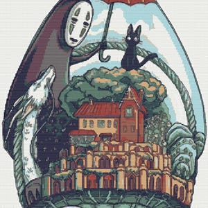 Könnte beinhalten: Ein Kreuzstichmuster mit einem weißen Drachen, einer schwarzen Katze, einer maskierten Figur und einem roten Regenschirm. Das Design zeigt ein mehrstöckiges Gebäude mit rotem Dach, grünen Bäumen und zwei kleinen orangefarbenen Flammenfiguren an der Spitze, alles in einem ovalen Rahmen.