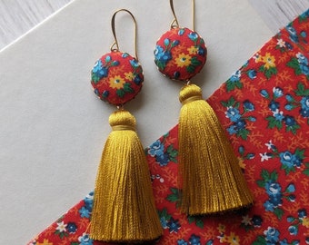 Colorful Fun Earrings Handmade With Vintage Floral Fabric, Primary Color Long Tassels, Funky Earrings, Boho Flower Earrings, Retro Jewelry