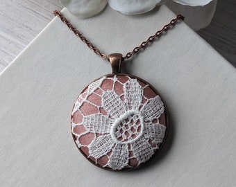 Copper Color Pendant And Vintage Flower Lace, Anniversary Gift Jewelry, Unique Metallic Boho Chic Necklace For Women, Mom, Teacher, Wife