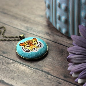 Tiger Necklace, Year Of The Tiger Gift For Animal Lovers, Bengal Tiger Head Pendant, Turquoise And Orange Big Cat Jewelry image 6