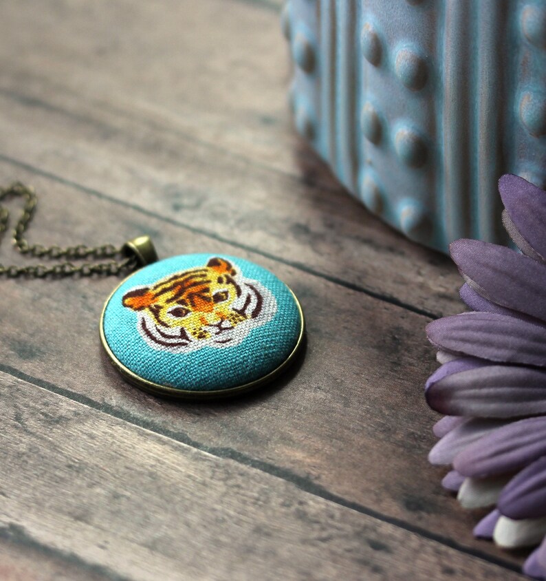 Tiger Necklace, Year Of The Tiger Gift For Animal Lovers, Bengal Tiger Head Pendant, Turquoise And Orange Big Cat Jewelry image 6