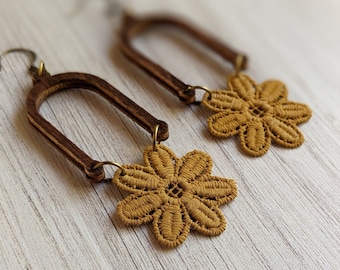 Painted Vintage Lace Flower Earrings, Boho Mustard Yellow Earrings, Whimsical Funky Jewelry With Lightweight Wood Arches, Hippie 1970s Style