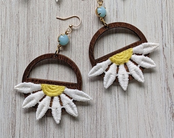 Retro Daisy Earrings, Yellow, Blue, White Fabric Flower, Vintage Glass, Fun Earrings, Boho Flower Power, Cottagecore Nature Jewelry