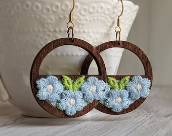 Pastel Blue Daisy Earrings, Whimsical Jewelry Made With Vintage Flowers And Wood Hoops, Fun Cottagecore Earrings