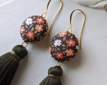 Hippie 1970s Earrings, Vintage Floral Fabric Jewelry, Long Tassels, Brown, Orange, Moss Green Boho Flower Earrings For Her