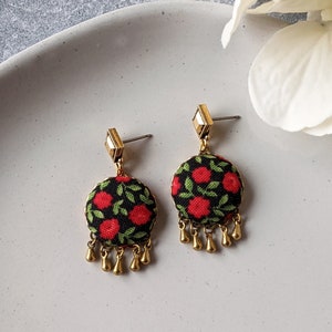 Red Rose Earrings, Unique Gift For Her, Floral Fabric Earrings, Enchanted Forest Nature Jewelry, Retro Aesthetic, Cottagecore Earrings