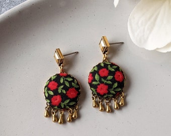 Red Rose Earrings, Unique Gift For Her, Floral Fabric Earrings, Woodland Nature Jewelry, Retro Aesthetic, Cottagecore Earrings