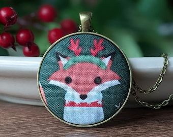 Christmas Fox Necklace, Cute Orange Fox Pendant With Antlers, Winter Woodland Animal Jewelry, Red Green Christmas Jewelry For Women