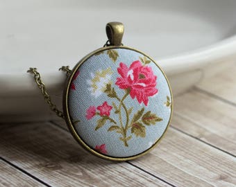 Pink Rose Necklace, Cottagecore Jewelry, Floral Fabric Necklace