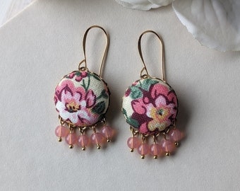 Pink Whimsical Earrings With Vintage Fabric And Beads, Spring Jewelry, Yellow And Pink Earrings, Floral Boho Cottagecore Chandelier Style