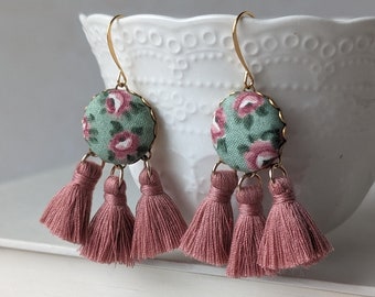 Vintage Floral Fabric Earrings With Tassels, Cute Pastel Earrings, Garden Rose Earrings, Mauve Pink And Green Jewelry, Cottagecore Aesthetic