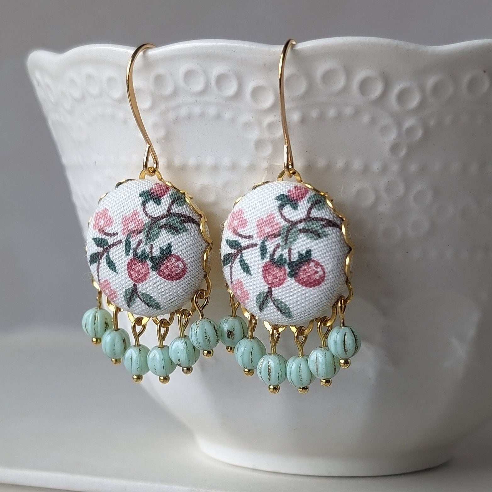 Pastel Strawberry Earrings, Pink And Green Earrings Dangle, Châteaucore Earrings, Whimsical Garden Jewelry, Floral Boho Cottagecore Earrings