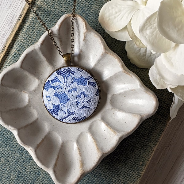 Cobalt Blue Necklace, White Floral Lace, Anniversary Gift For Woman, Bridesmaid Jewelry, Optional Initial Letter Charm For Personalized Gift