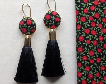 Whimsical Witchy Earrings, Gothic Black And Red Earrings Handmade With Rose Floral Fabric, Boho Flower And Long Tassels, Victorian Vampire