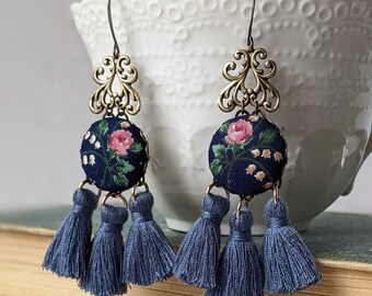 Navy Blue Tassel Earrings With Vintage Floral Fabric, Pink Rose Boho Chandelier Earrings, Art Nouveau Jewelry Gift For Women