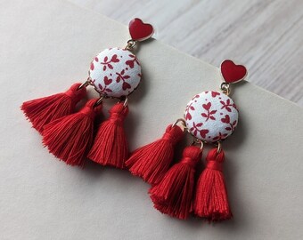 Retro Valentine Earrings, Red Heart Earrings, Fun Unique Gift For Her, Vintage Floral Fabric Earrings, Whimsical Boho Cute Jewelry