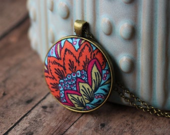 Multi Color Fabric Pendant, Floral Necklace, Colorful Boho Hippie Jewelry