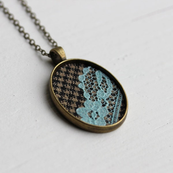 Blue Lace Necklace, Preppy, Plaid, Women, Houndstooth Fabric and Brass Pendant, Fall Fashion Lace Fashion Eclectic