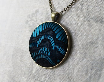 Modern Art Deco Necklace, Unique Gift For Women, Black and Teal Pendant, Dark Lace Goth Jewelry