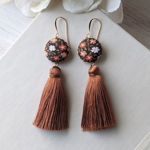 70s Earrings, Upcylcled Vintage Floral Fabric, Long Tassels Boho Jewelry, Brown Burnt Orange Earrings, 1970s Bohemian Fall Accessories