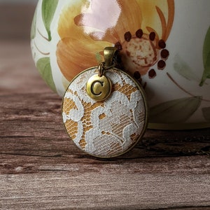 Mustard Yellow Necklace For Women, Fall Vintage Lace Necklace, Gold Initial Charm, Personalized Gift For Her, Pendant With Lace, Anniversary