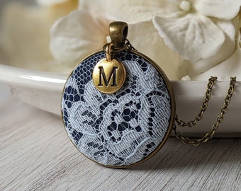 Vintage Lace Pendant Initial Necklace, Something Blue For Bride Jewelry, Lace, Anniversary Gift For Wife, Personalize Gift For Mom, For Her
