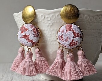 Lace Tassel Earrings, Boho Chic Statement Lace Earrings, Terracotta Orange, Gold, Pastel Pink Fan Fringe Earrings, Unique Gift For Women