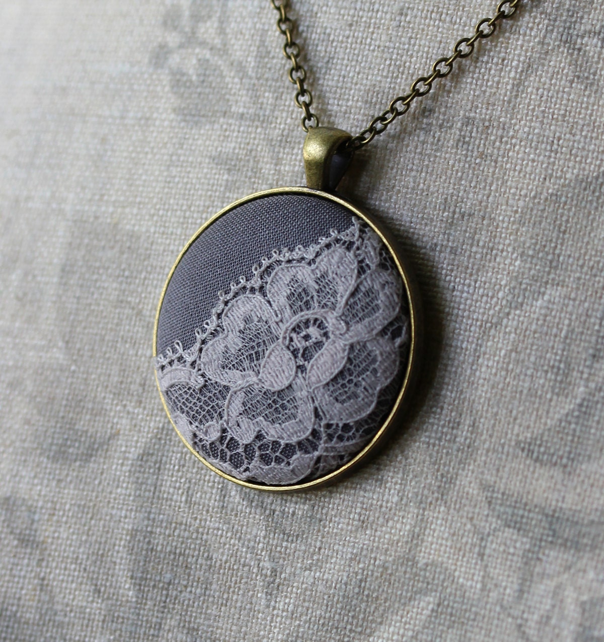 Slate Gray Necklace Vintage Lace Jewelry Boho Flower Pendant