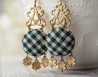 St. Patrick's Day Earrings, Shamrock Jewelry, Green And Gold Irish Lucky Four Leaf Clover Earrings, Gingham And Brass Saint Patty's Day