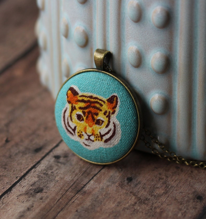 Tiger Necklace, Year Of The Tiger Gift For Animal Lovers, Bengal Tiger Head Pendant, Turquoise And Orange Big Cat Jewelry image 4