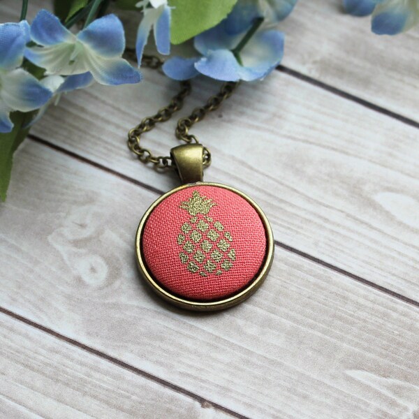 Coral Gold Pineapple Necklace, Modern Tropical Fruit Jewelry