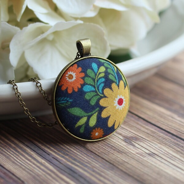 Colorful Boho Necklace, Floral Fabric Pendant, Navy Yellow Hippie Jewelry